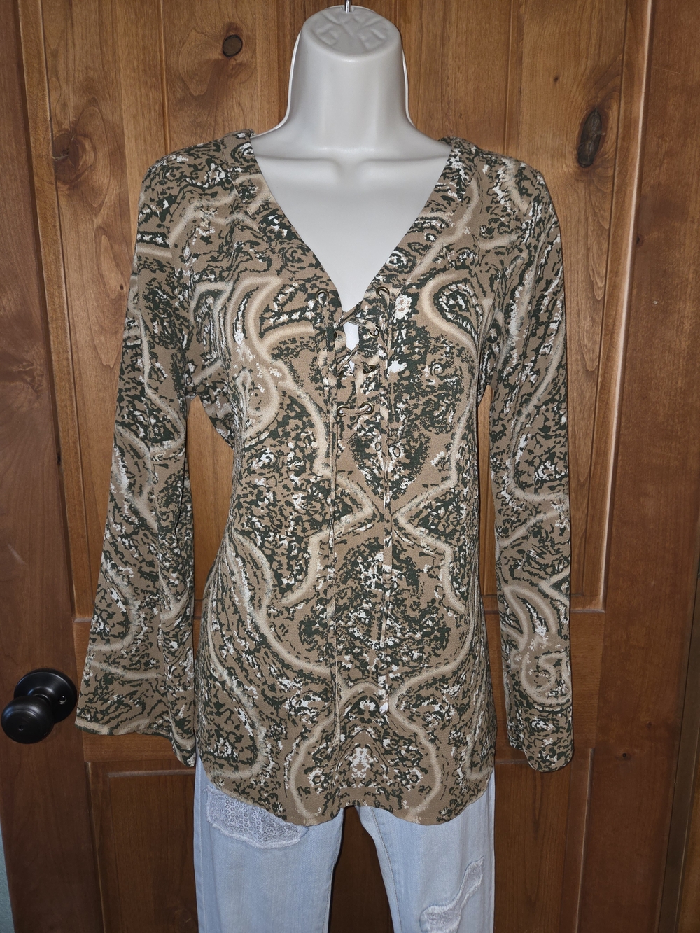 Paisley V-Neck Long Sleeve Top‎ in Tan and Olive